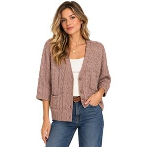 St. John Cardigan Womens Large Wool Cable Knit Quiet Luxury Fisherman Sweater